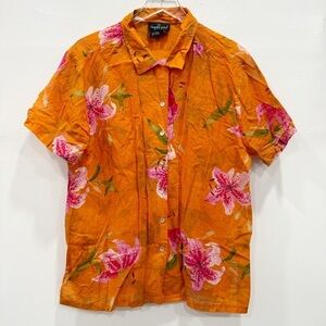 Vintage Carole Little Sport Cotton Button Down Shirt Short Sleeve Orange Floral
